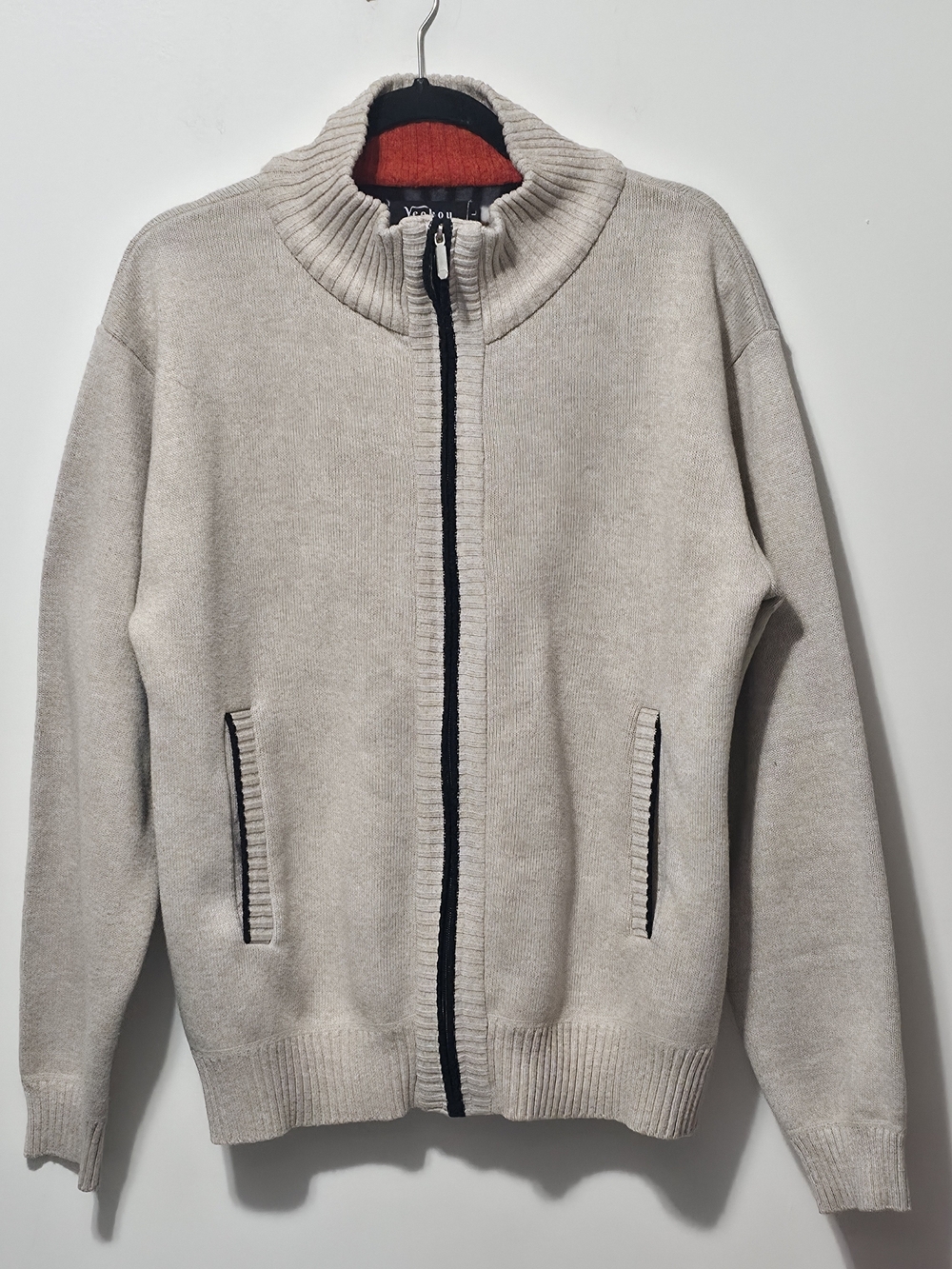 Men's Full-Zip Ribbed Collar Sweater Jacket - Cream